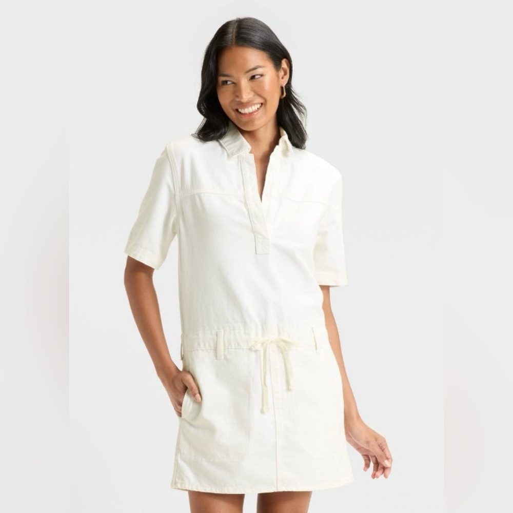 Universal Thread Women's White Short Sleeve Drop Waist Drawstring Mini Dress Med